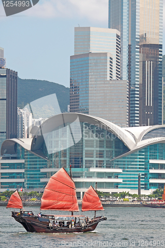 Image of sailboat sailing in the Hong Kong harbor 