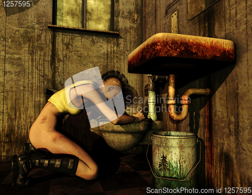 Image of dirty punk girl bent over a toilet