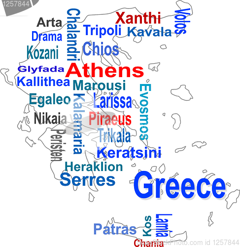 Image of greece map and words cloud with larger cities