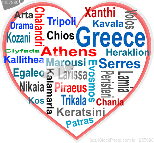 Image of Greece Heart and words cloud with larger cities