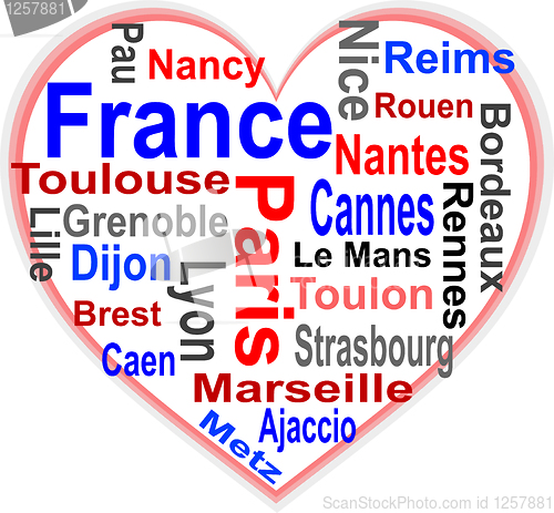 Image of France Heart and words cloud with larger cities