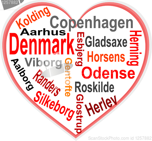 Image of denmark Heart and words cloud with larger cities