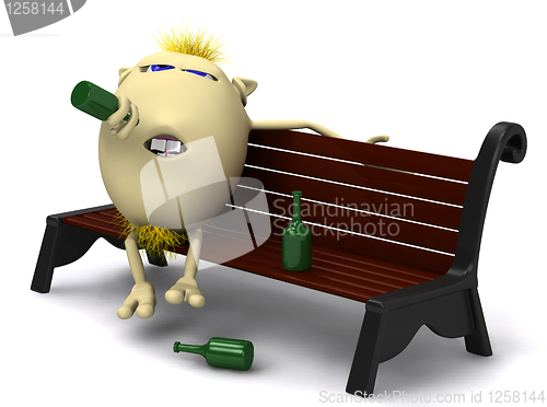 Image of Haired drunkard puppet sitting on park bench