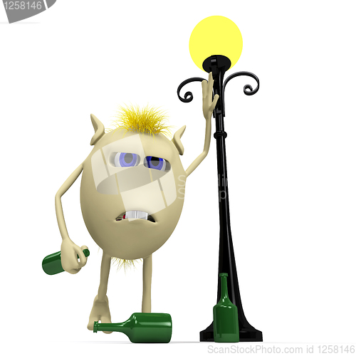 Image of Haired drunkard puppet standing near metal latern