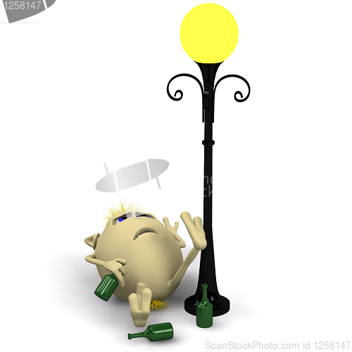 Image of Haired drunkard puppet sleep near metal latern