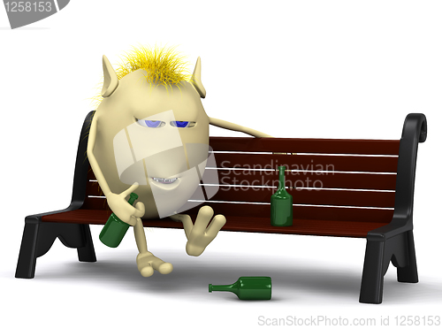 Image of Haired dizzi puppet sitting on park bench