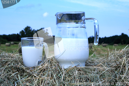 Image of Foto of milk and glass on haystack