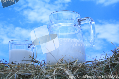 Image of Zoomed foto of milk container and glass