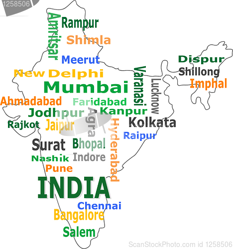 Image of india map and words cloud with larger cities