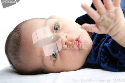 Image of Cute Baby Curiously Looking at her Hand