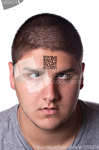 Image of Young Man with a QR Code On His Forehead