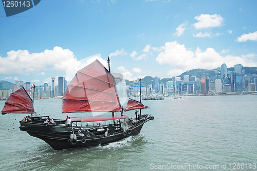 Image of Junk boat with tourists in Hong Kong Victoria Harbour