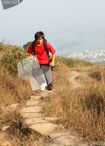 Image of Sport hiking in mountains, walking and backpacking 