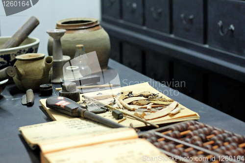 Image of abacus and book on the table in a chinese old shop 