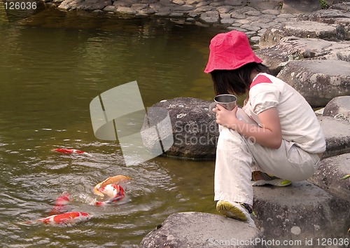 Image of Kid feeding colorful carps