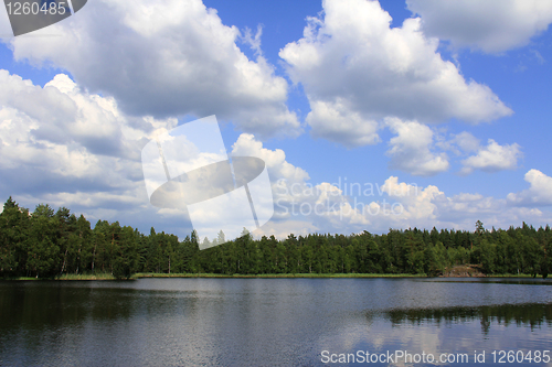 Image of Clouds and blue sky over rural lake in Finland