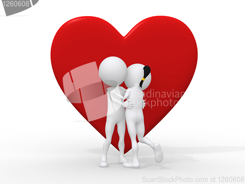 Image of Beautiful 3d love couple embracing against a big red heart on wh