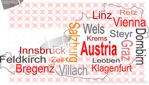 Image of austria map and words cloud with larger cities