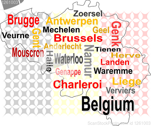 Image of belgium map and words cloud with larger cities