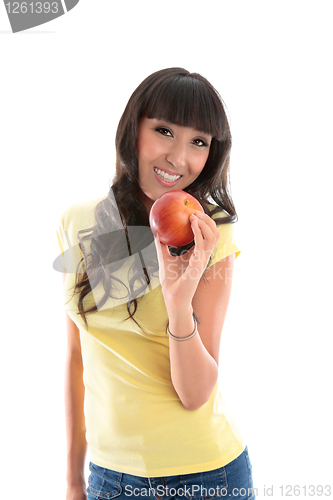 Image of Healthy Lifestyle - Happy woman eat apple