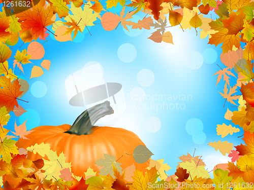 Image of Fall leaves with pumpkin and sky background. EPS 8