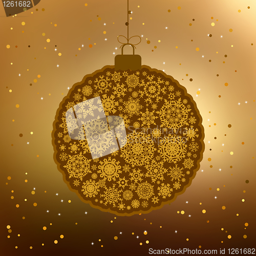 Image of Vintage card with golden Christmas ball. EPS 8