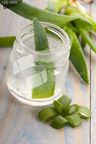 Image of aloe vera juice with fresh leaves