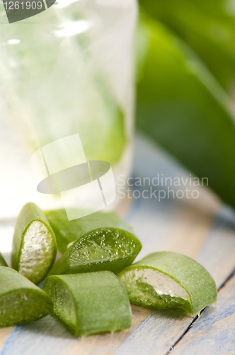 Image of aloe vera juice with fresh leaves