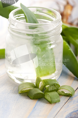 Image of aloe vera juice with fresh leaves