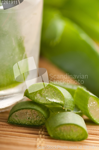 Image of aloe vera juice with fresh leaves