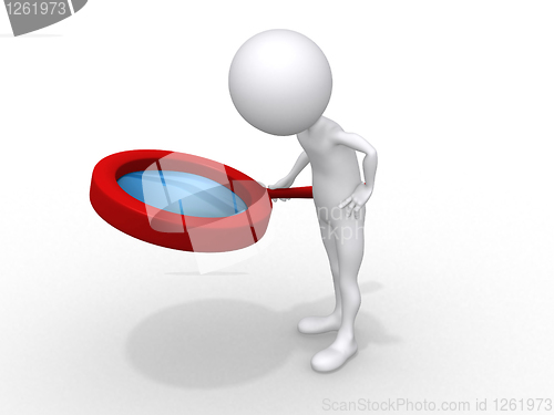 Image of 3d small people holds a magnifier. 3d image. Isolated white back