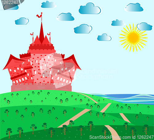 Image of Fairytale landscape with red magic castle