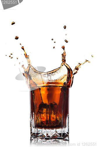 Image of splash of cola in glass isolated on white