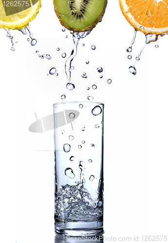 Image of water drops in glass on orange, kiwi and lemon isolated on white