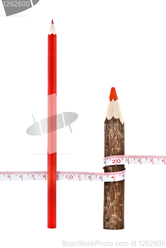 Image of Red thick and thin pencils with ruler isloated on white