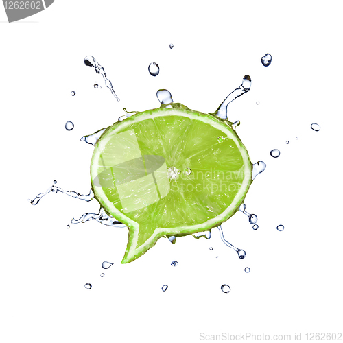 Image of Lime in shape of dialog box with water drops isolated on white