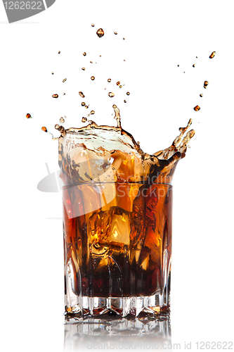 Image of splash of cola in glass isolated on white