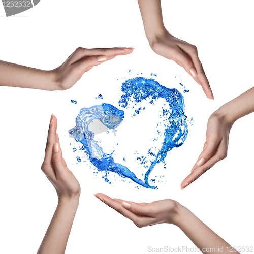 Image of Heart from water splash with human hands isolated on white