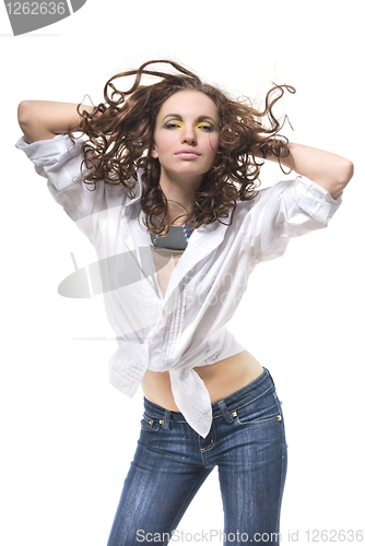 Image of attractive woman in white shirt isolated on white