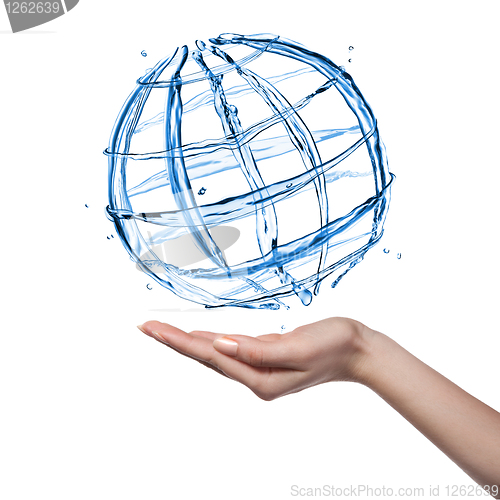 Image of Globe from water with human hand isolated on white