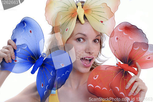 Image of girl with color butterflies isolated on a white background