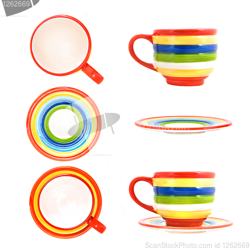Image of Ceramic funny color cup with saucer isolated on white
