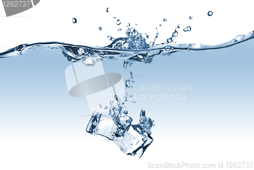 Image of ice cubes dropped into water with splash isolated on white