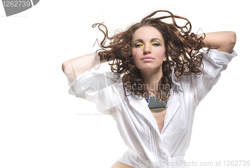 Image of attractive woman in white shirt isolated on white