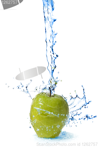 Image of fresh water drops on green apple isolated on white