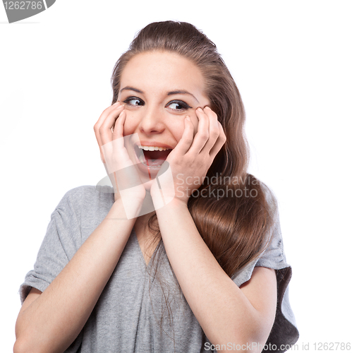 Image of portrait of happy surprised woman isolated on white 