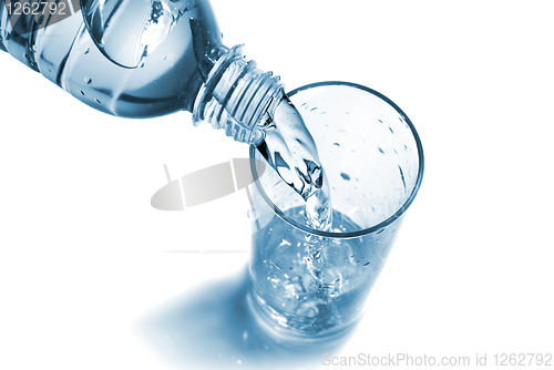 Image of water pouring into glass from bottle isolated on white