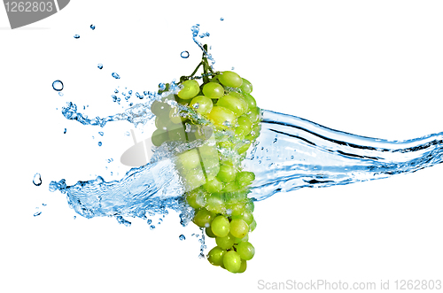 Image of green grape with water splash isolated on white