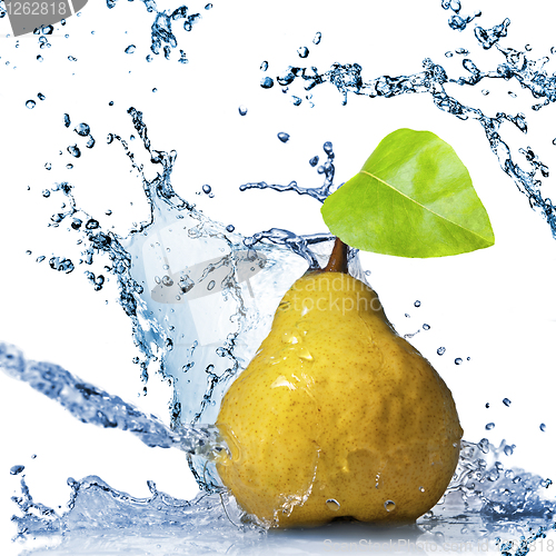 Image of yellow pear with leaf and water splash isolated on white 