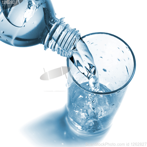 Image of water pouring into glass from bottle isolated on white